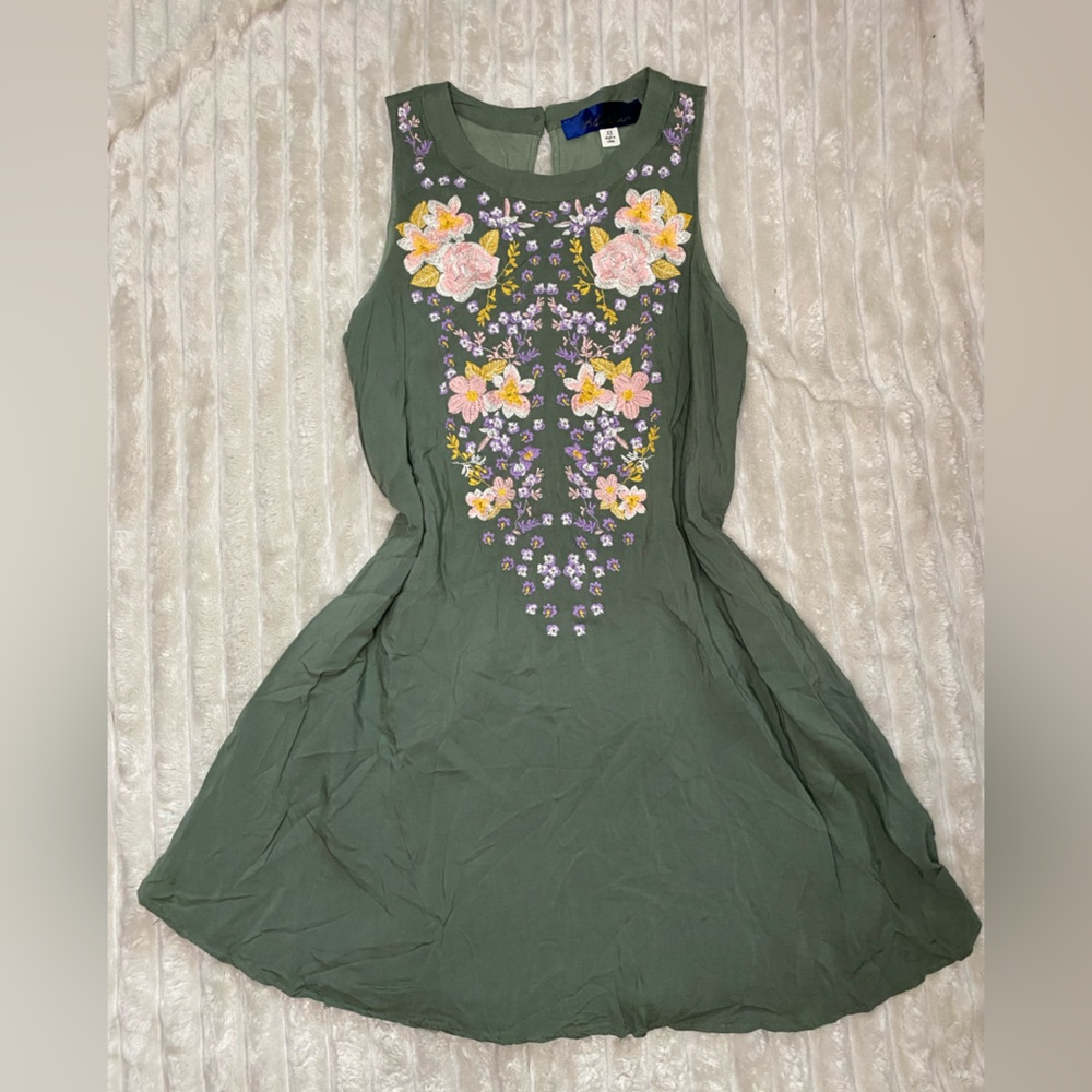 Blue Rain Olive Green Floral Embroidered Sleeveless Dress